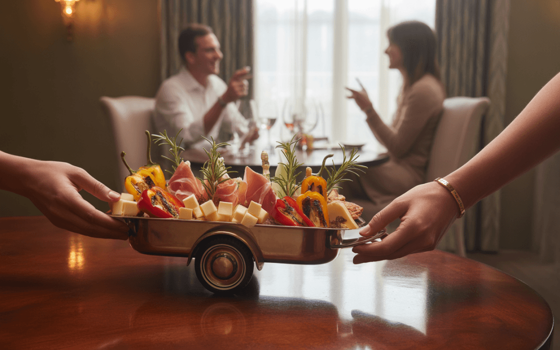 Plateau avec fromage, charcuterie et légumes grillés, apporté à une table où un couple discute. Éclairage chaleureux.