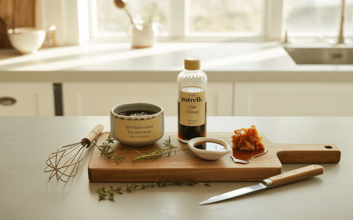 Planche en bois avec une tasse, une bouteille de vinaigre, une petite assiette, des herbes et un fouet dans une cuisine lumineuse.