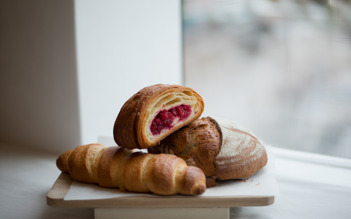 Assortiment de pains : croissant fourré à la framboise et pain rustique sur une planche en bois, éclairage naturel.