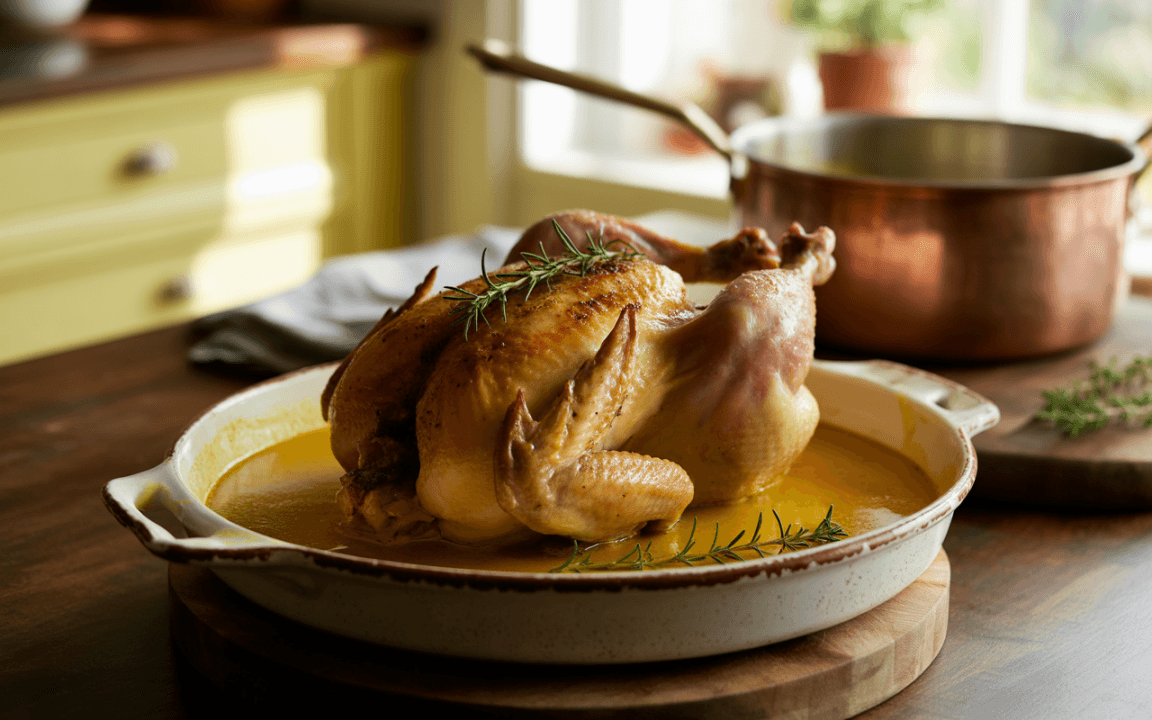 Poulet rôti doré avec des brins de romarin, servi dans un plat, sur une table en bois avec une casserole en arrière-plan.