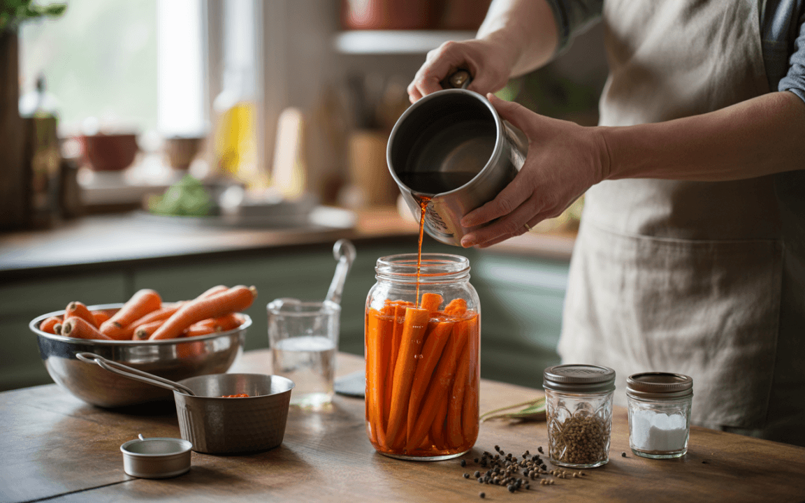 Une personne verse un liquide dans un bocal contenant des carottes, entouré d'ingrédients et d'ustensiles de cuisine sur une table.