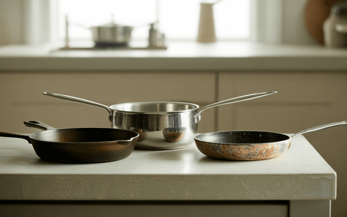 Trois casseroles posées sur un plan de travail : une poêle en fonte, une casserole en acier inoxydable et une poêle colorée.