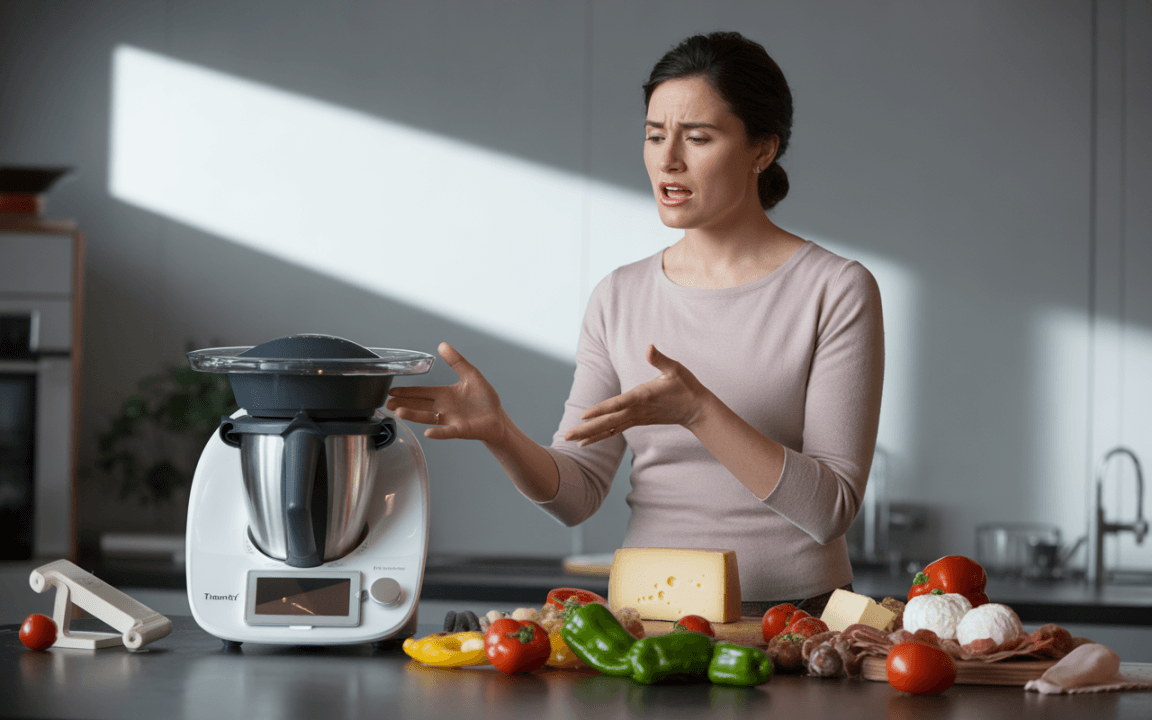 Femme perplexe devant un robot culinaire, entourée d'ingrédients frais tels que légumes, fromages et charcuteries, dans une cuisine moderne.