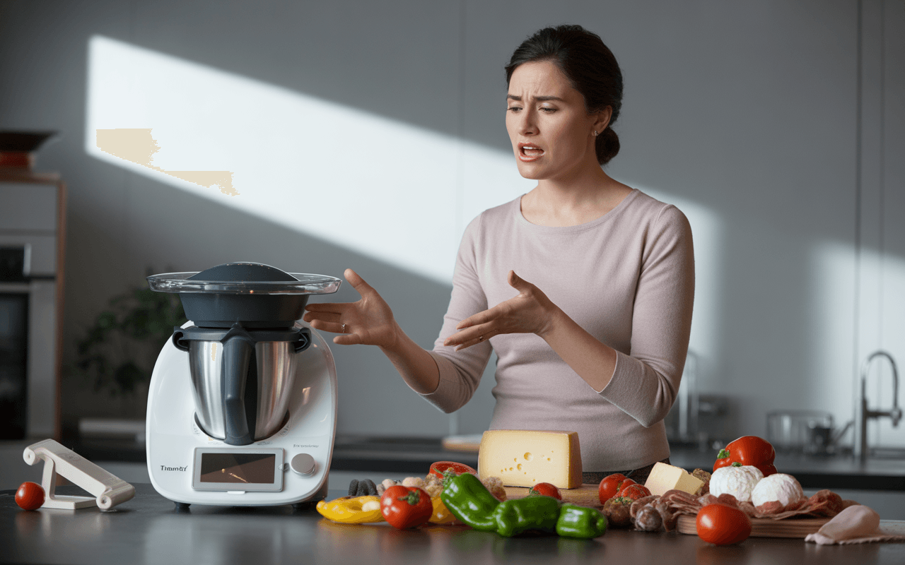 Femme perplexe devant un robot culinaire, entourée d'ingrédients frais tels que légumes, fromages et charcuteries, dans une cuisine moderne.