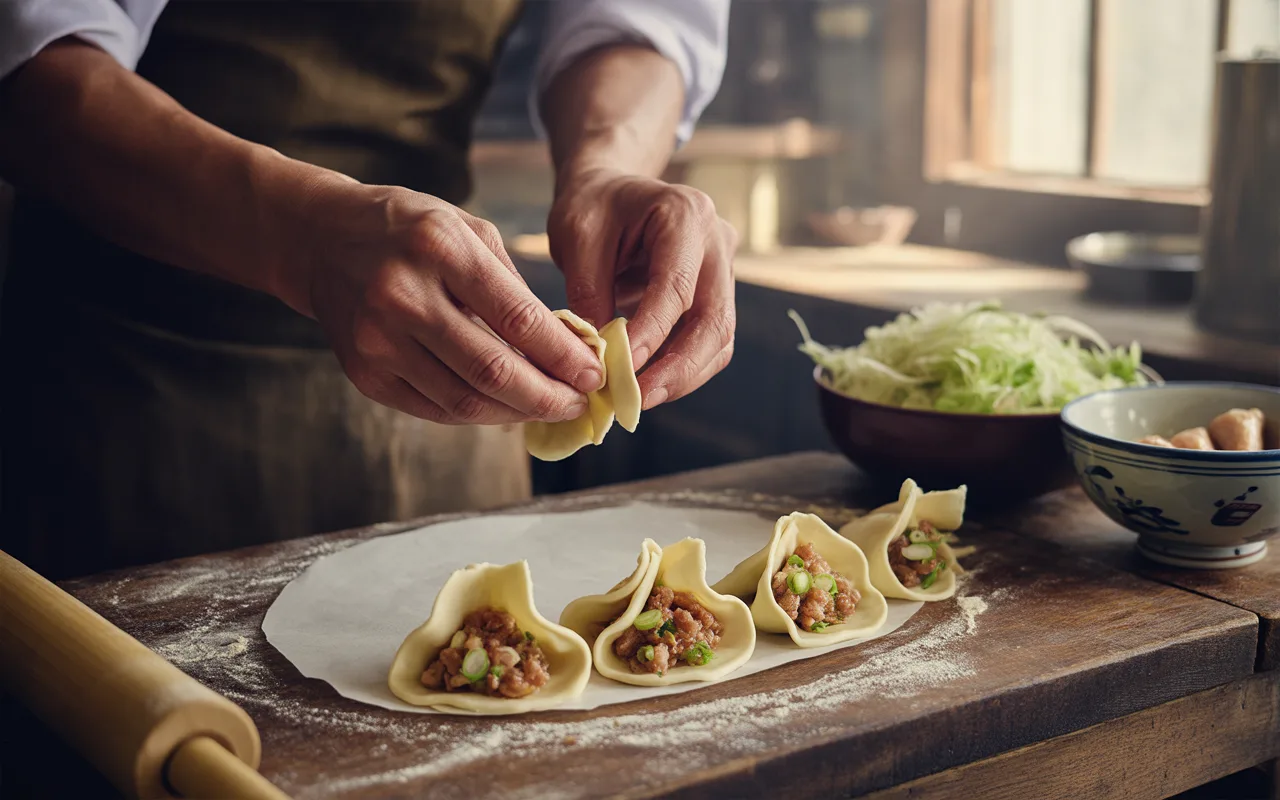 Un cuisinier prépare des raviolis sur un plan de travail en bois, avec de la viande et des légumes, dans une cuisine lumineuse.