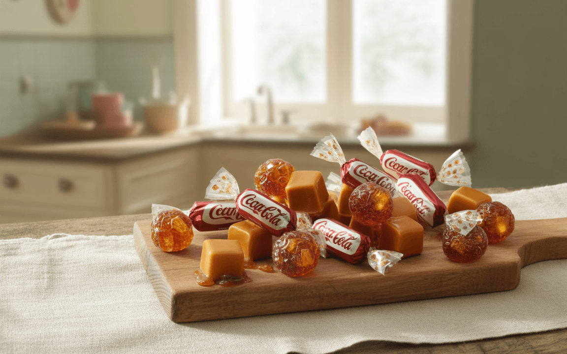 Assortiment de bonbons Coca-Cola et caramels sur une planche en bois, dans une cuisine lumineuse et chaleureuse.