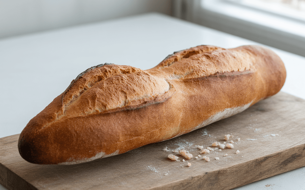 Baguette dorée posée sur une planche en bois, avec quelques miettes de pain à côté, devant une fenêtre.