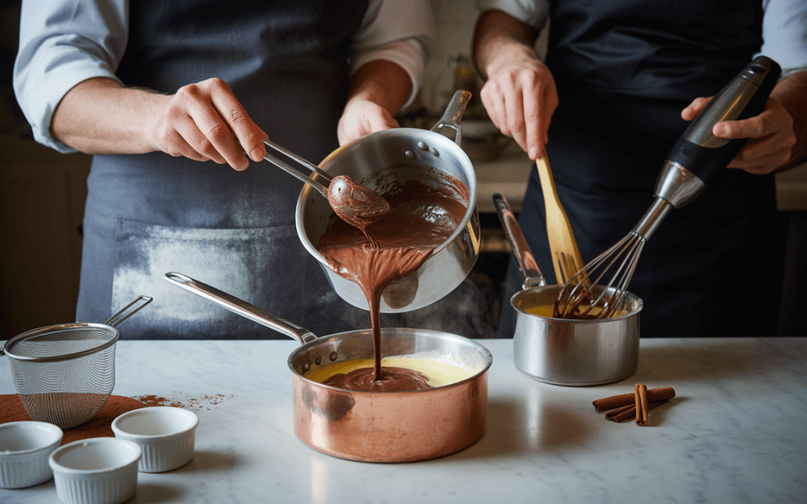 Deux personnes préparent un dessert en versant une préparation chocolatée dans une casserole, avec des ingrédients sur le plan de travail.