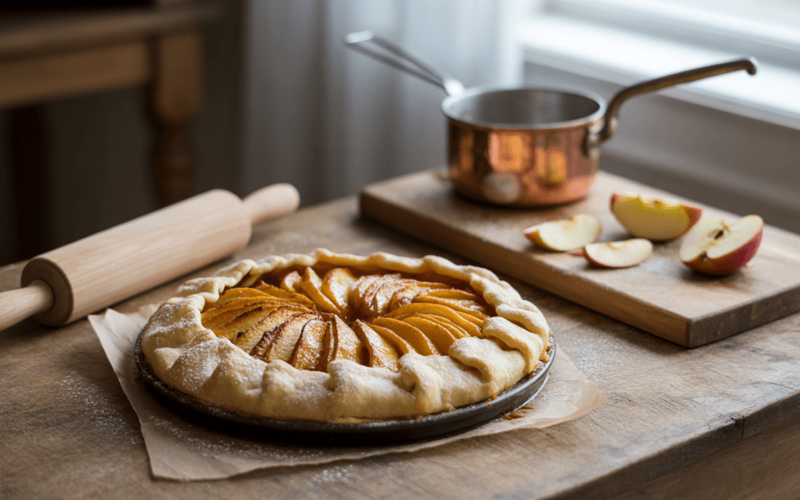 Tarte aux pommes fraîchement cuite sur une table en bois, rouleau à pâtisserie et pommes tranchées à côté.
