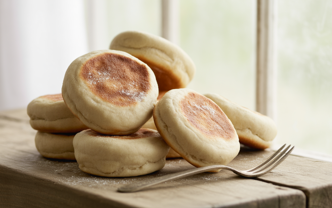 Pain au lait doré empilé sur une planche en bois, avec une fourchette en métal à côté. Fond lumineux et flou.