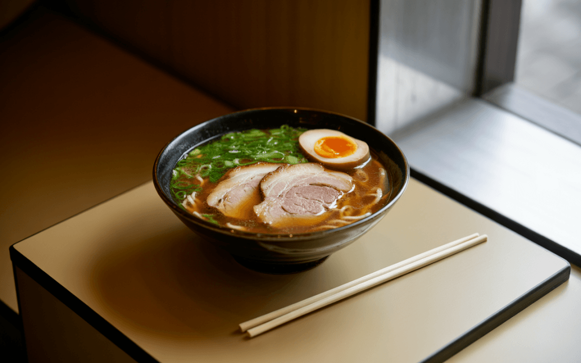 Bol de ramen avec tranche de porc, œuf mariné et oignons verts, posé sur une table avec des baguettes.