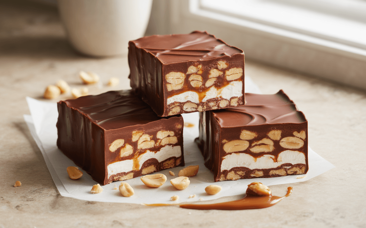 Trois carrés de chocolat avec des cacahuètes et un centre crémeux, posés sur une surface claire, entourés de quelques cacahuètes.