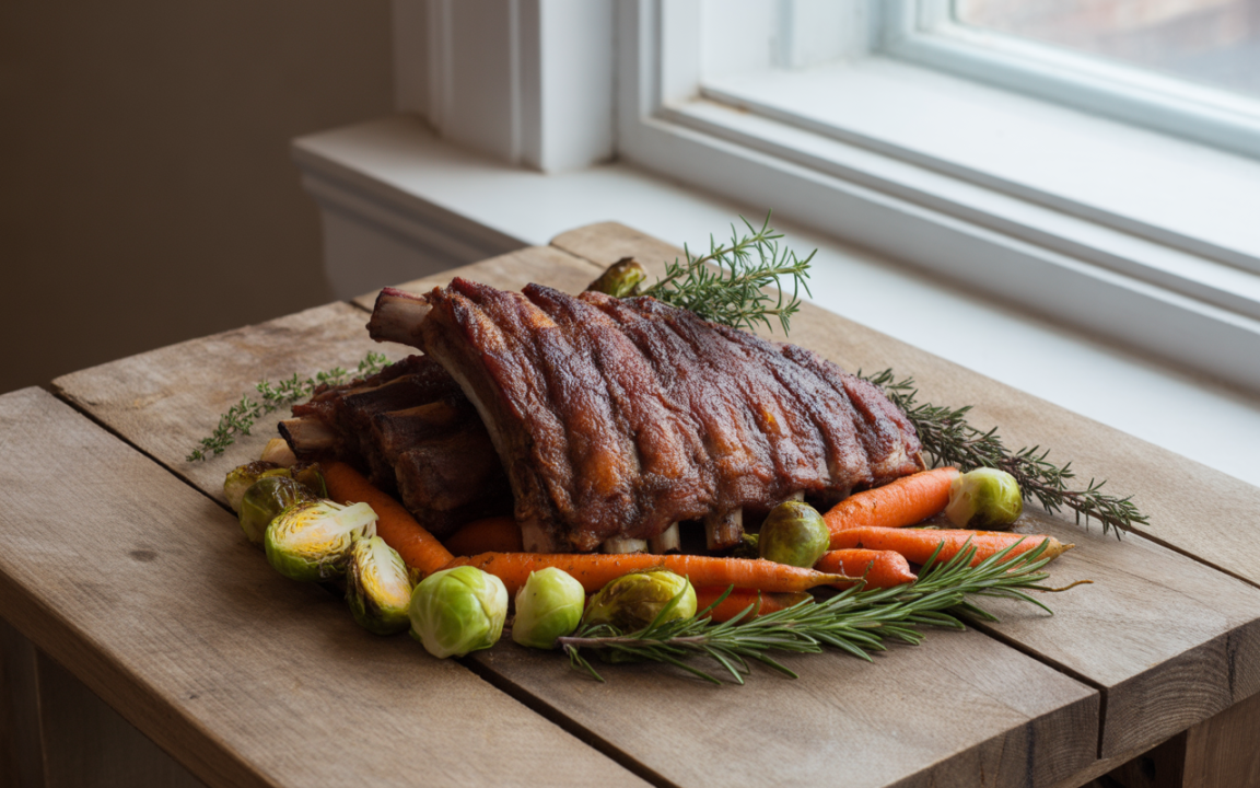 Côtes de porc grillées entourées de carottes, choux de Bruxelles et brins de romarin, présentées sur une table en bois.