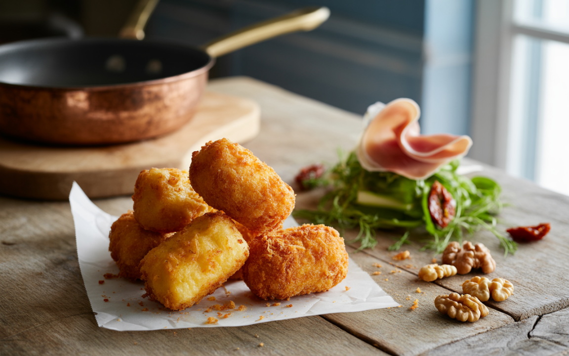 Cinq croquettes dorées sont présentées sur du papier, accompagnées de légumes, de noix et d'une poêle en arrière-plan.