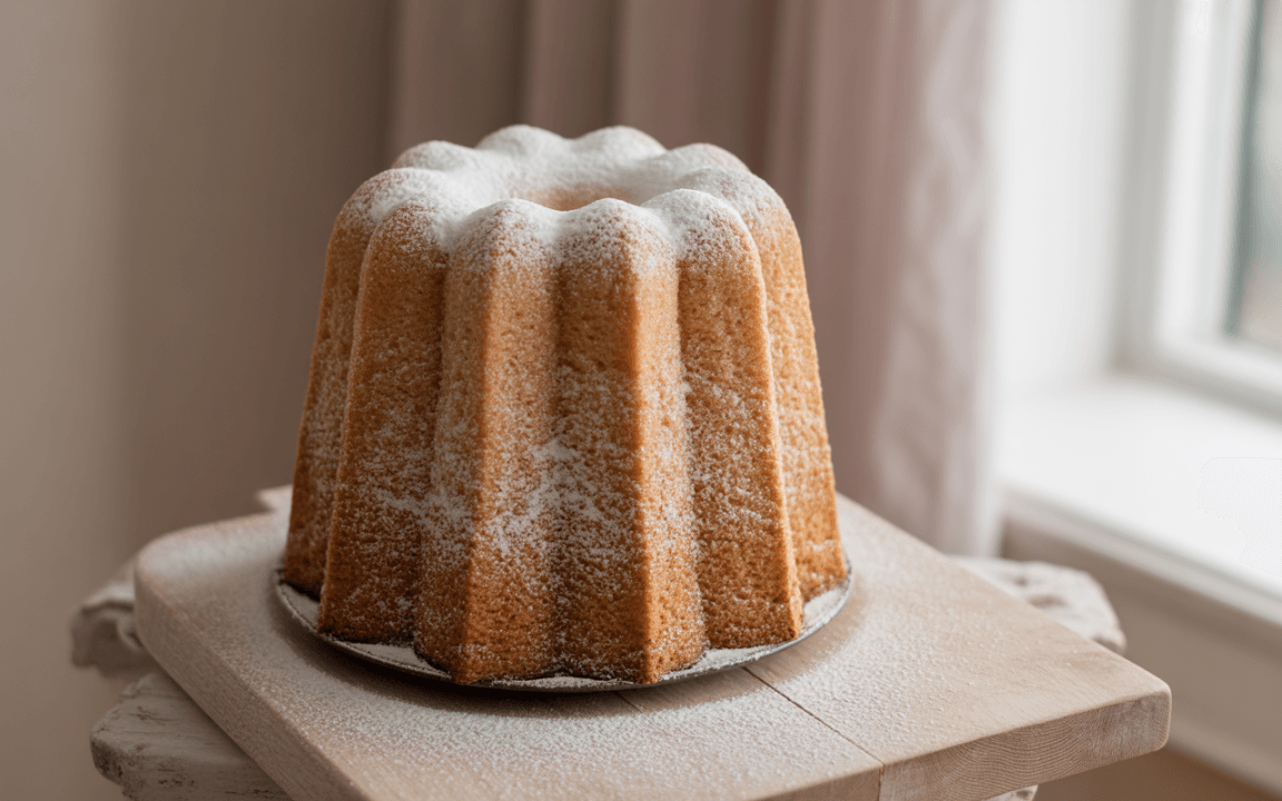 Gâteau moelleux en forme de couronne, saupoudré de sucre glace, posé sur une planche en bois près d'une fenêtre.