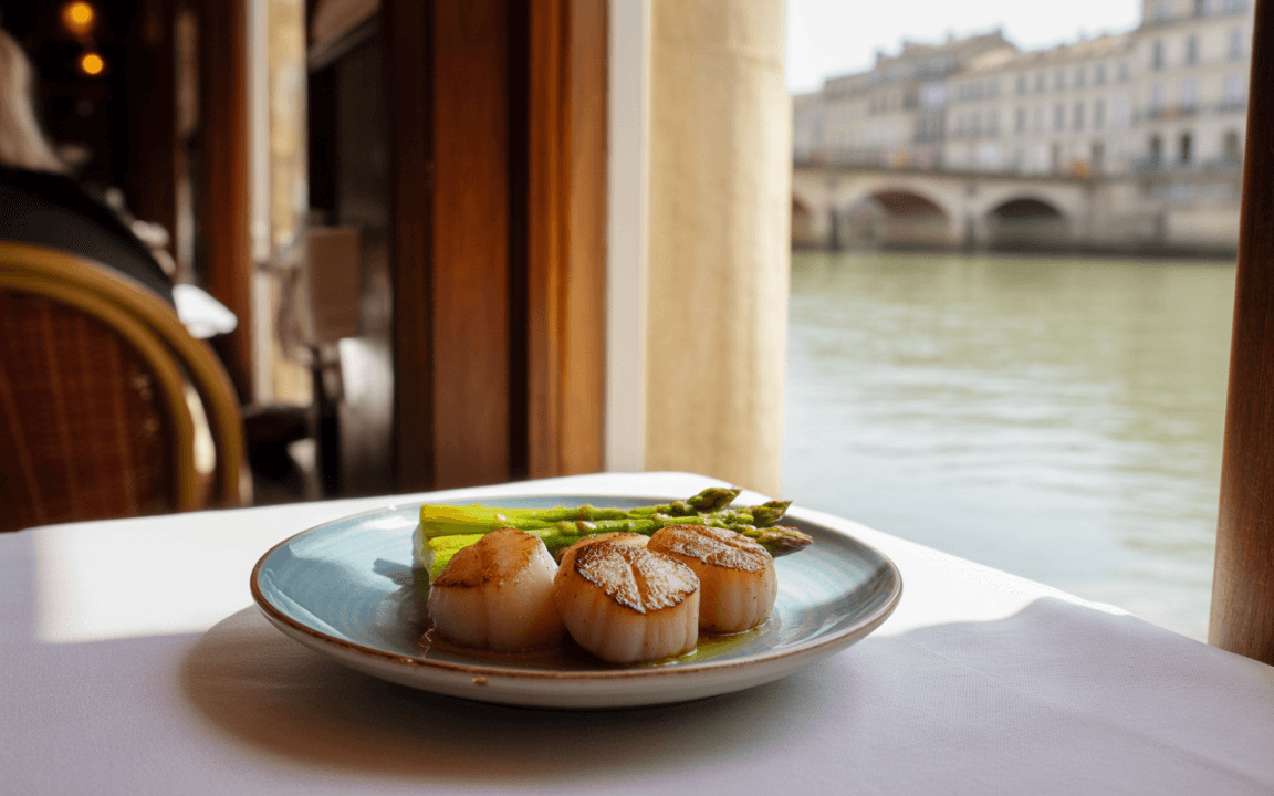 Plat de noix de Saint-Jacques grillées avec des asperges, posé sur une table avec vue sur un fleuve.