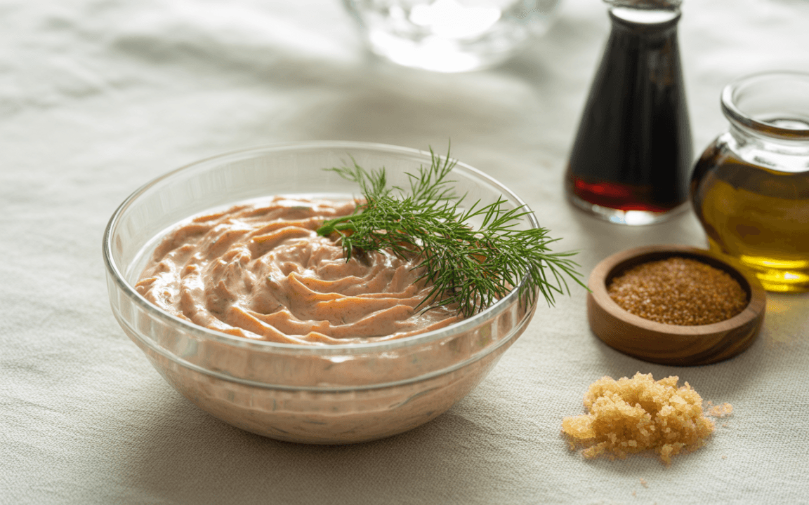 Bol de sauce onctueuse rose décoré d'aneth, accompagné de sucre et d'huiles en arrière-plan sur une nappe claire.