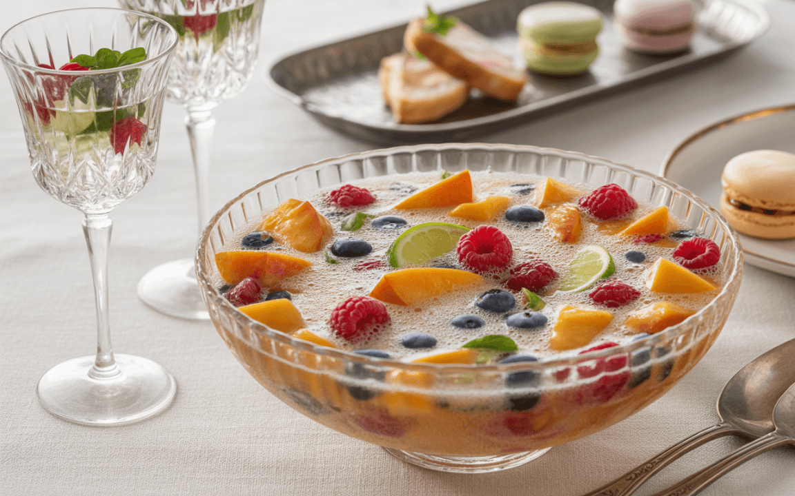 Bol de fruits colorés avec des framboises, pêches, bleuets et quartiers de lime, accompagné de coupes et macarons en arrière-plan.