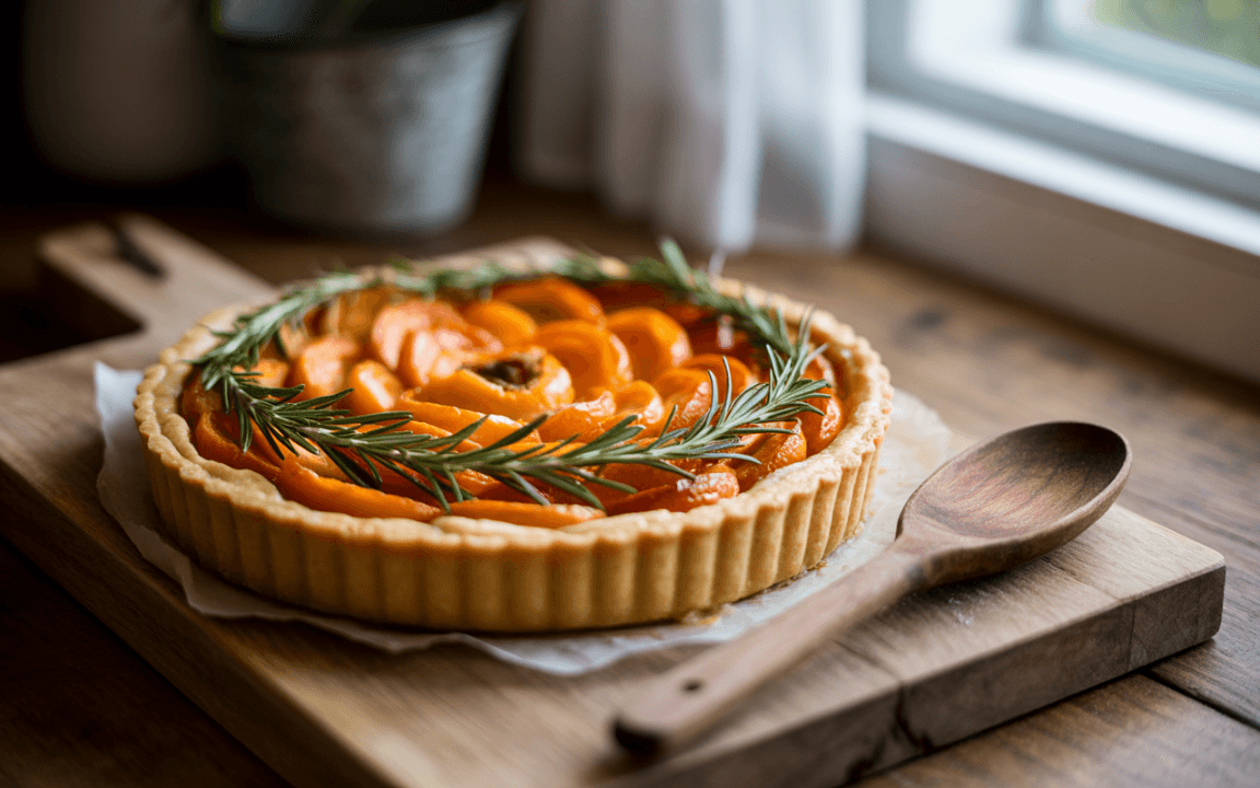 Tarte aux abricots décorée de romarin, posée sur une planche en bois avec une cuillère en bois à côté.