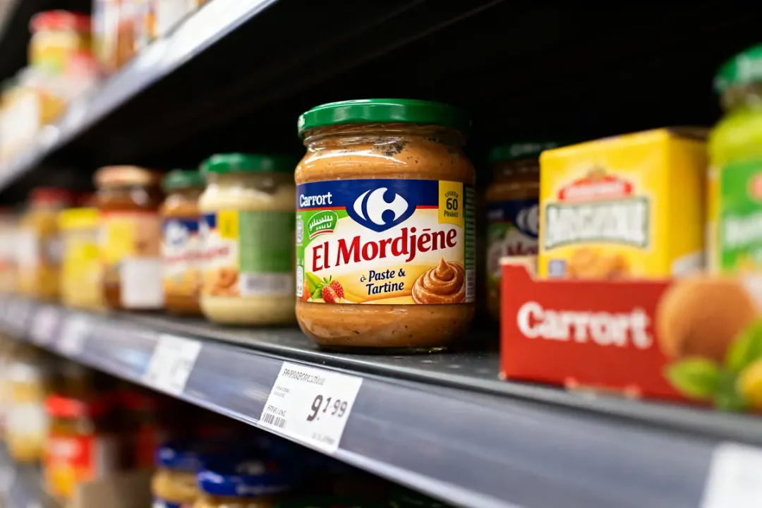 Pot de pâte à tartiner "El Mordjène" sur une étagère de supermarché, parmi divers produits alimentaires.