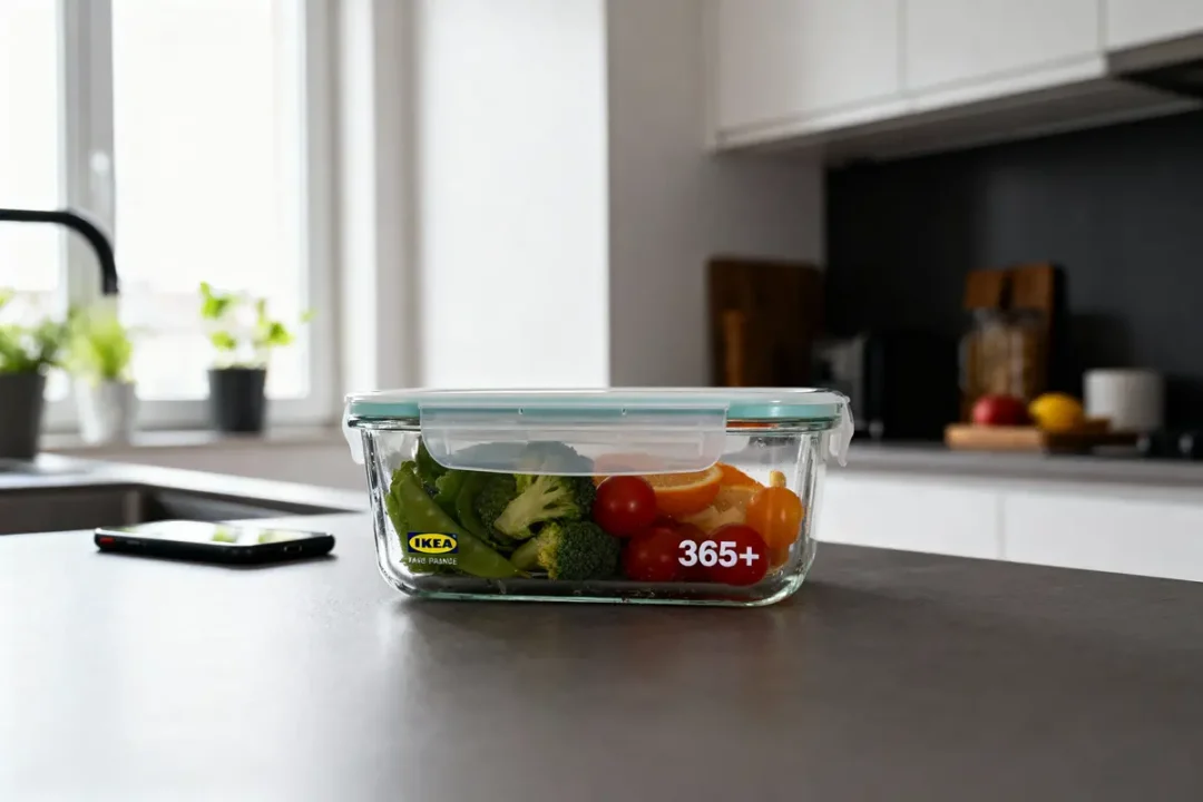 Boîte en verre IKEA 365+ avec légumes, posée sur un plan de travail de cuisine moderne.