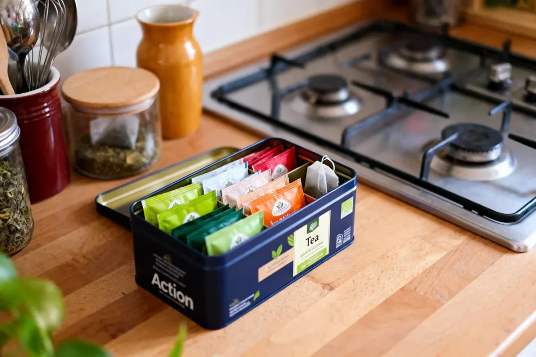 Boîte de thé varié sur plan de travail cuisine en bois proche cuisinière.