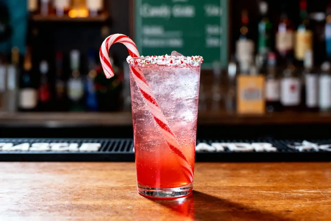 Cocktail festif rouge avec sucre, canne en bonbon, sur bar en bois, arrière-plan flou.