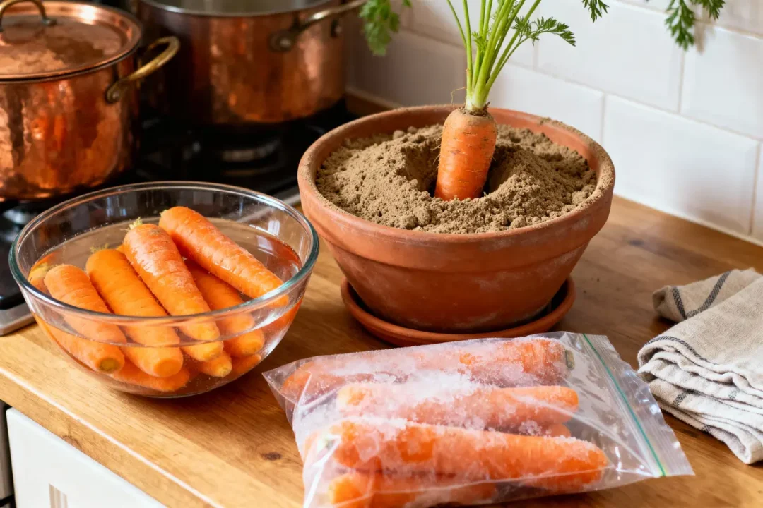 Carottes dans saladier d'eau, terre cuite avec terre, sac plastique au congélateur, cuisine, casseroles cuivre.