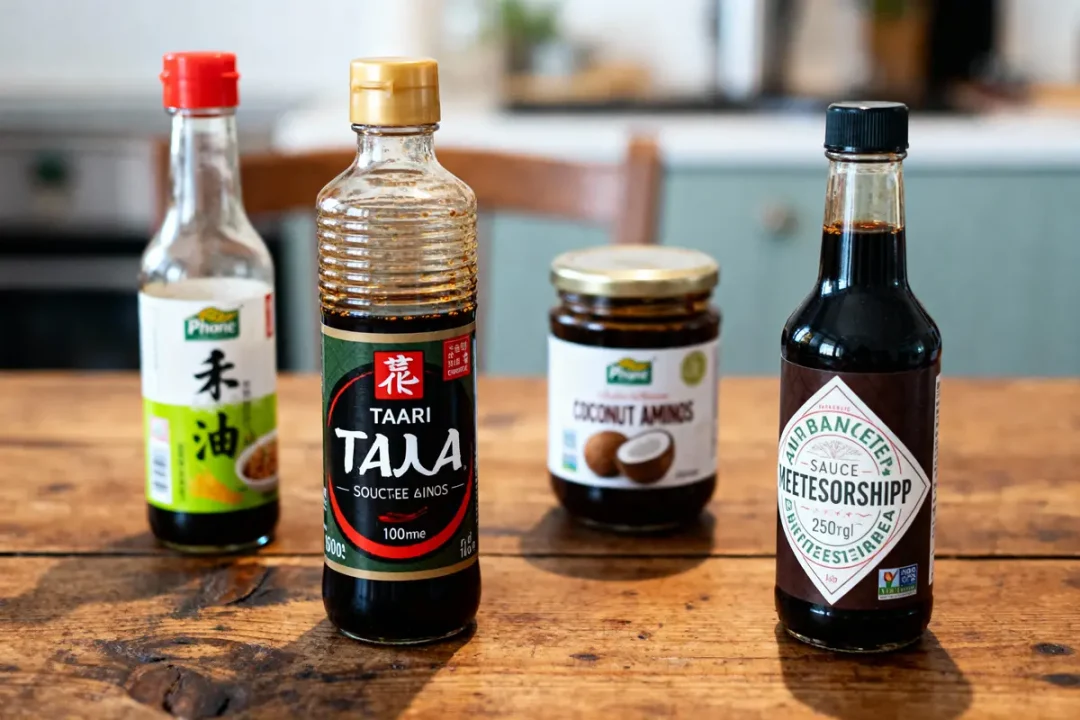 Quatre bouteilles de sauces variées sur une table en bois, arrière-plan flou.