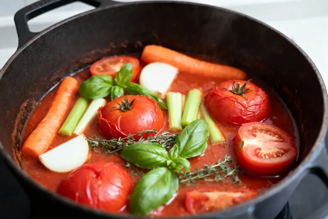 Casserole contenant tomates, carottes, céleri, oignon, thym et basilic dans du bouillon rouge chaud.