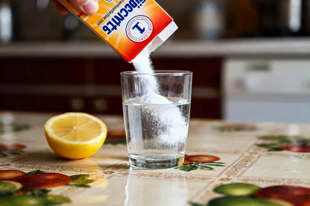 Main versant bicarbonate dans verre d'eau sur table, citron à côté, cuisine en arrière-plan.