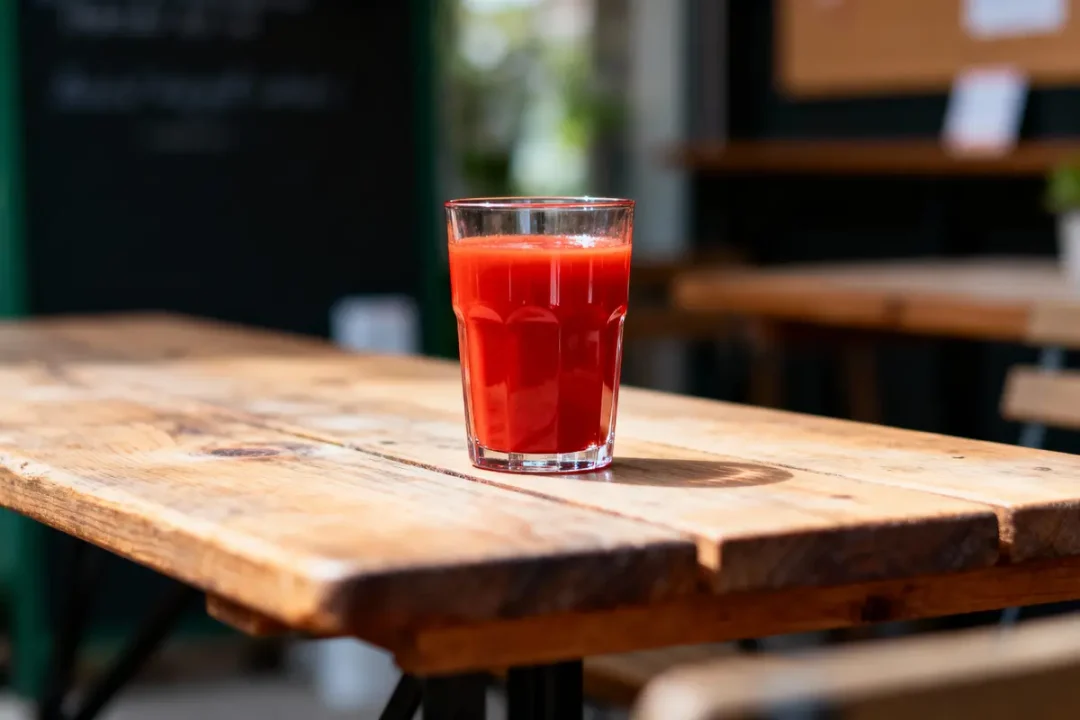 Verre de jus de tomate rouge sur une table en bois, arrière-plan flou dans un café.