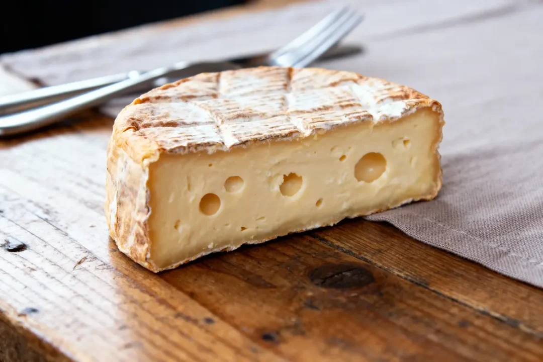 Morceau de fromage à pâte molle avec croûte, trous visibles, sur planche en bois, avec couteau et fourchette.
