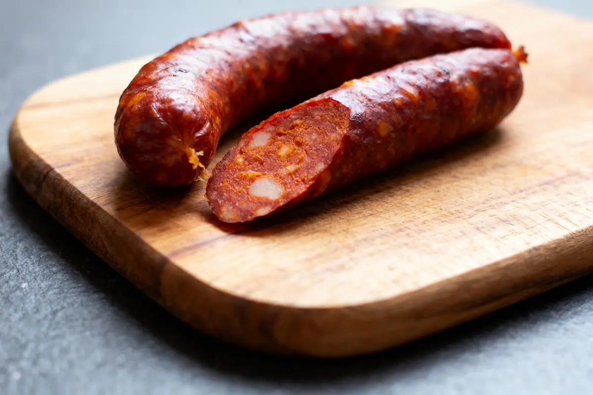 Saucisse de chorizo sur planche en bois, une tranche coupée révélant texture intérieure.