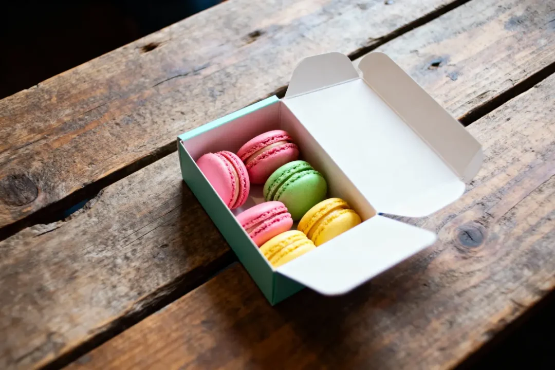 Boîte de macarons multicolores (rose, vert, jaune) sur table en bois rustique.