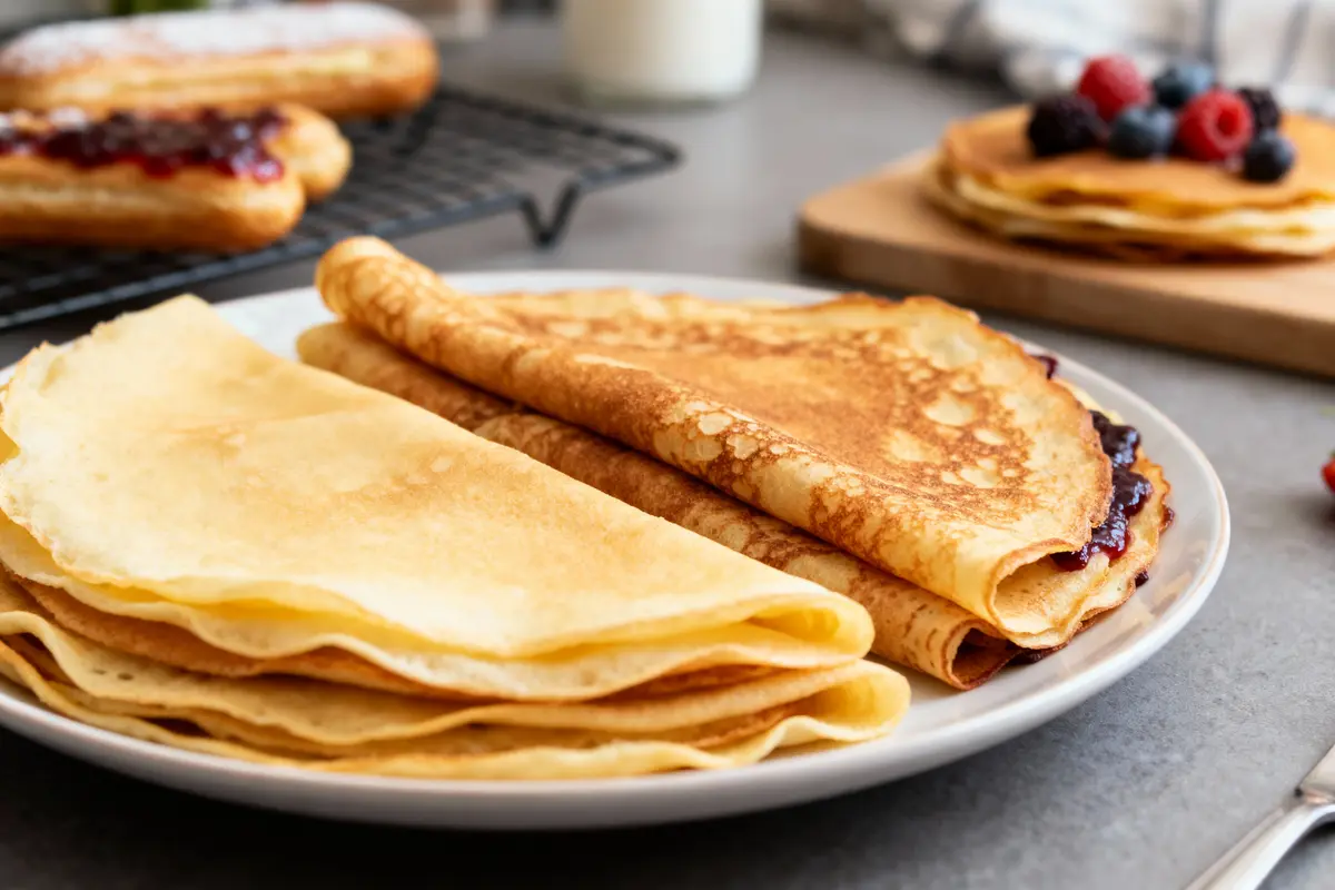 Assiettes de crêpes et de gâteaux avec garnitures de fruits et confitures sur une table grise.