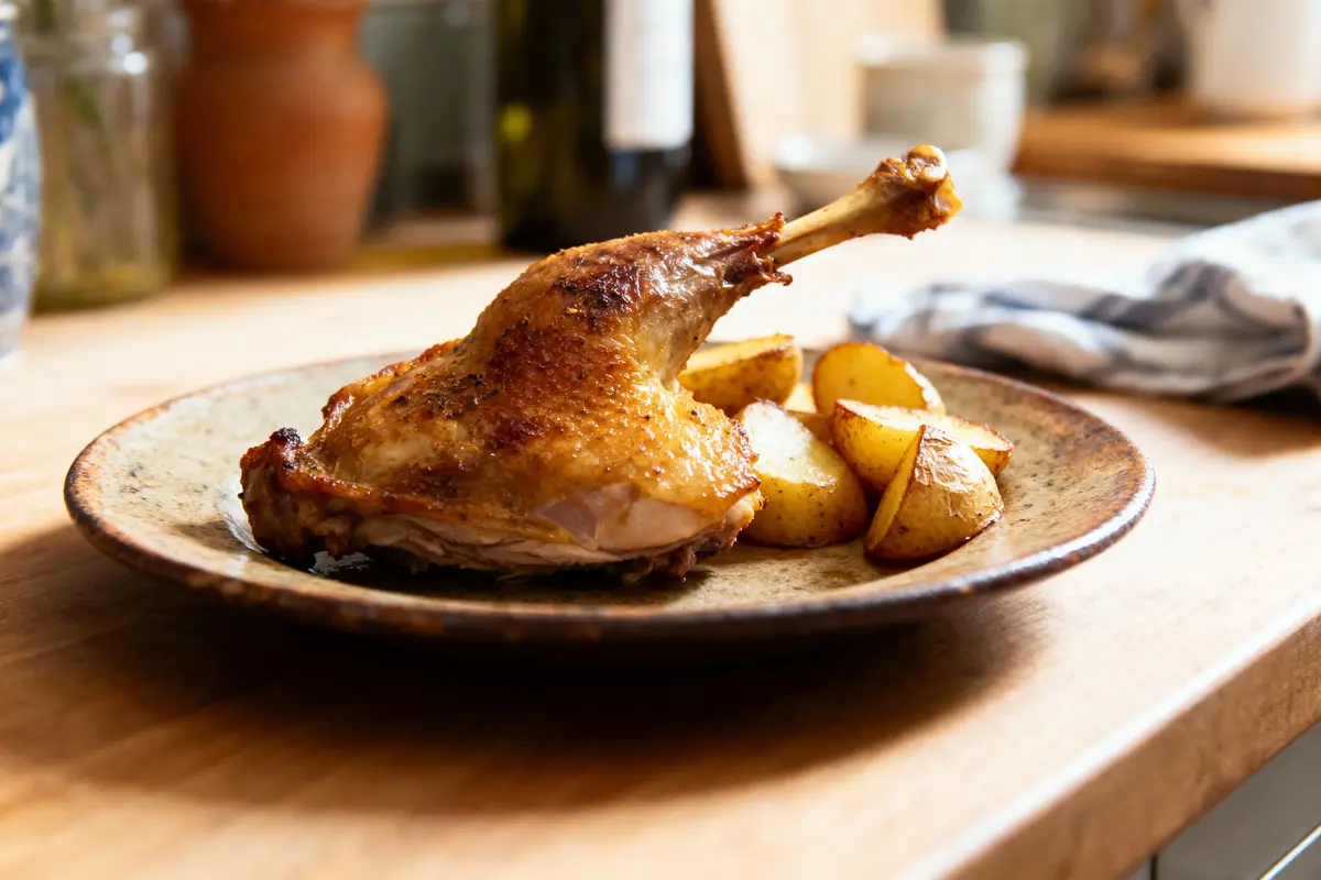 Assiette avec cuisse de poulet rôtie et pommes de terre, posée sur une table en bois.