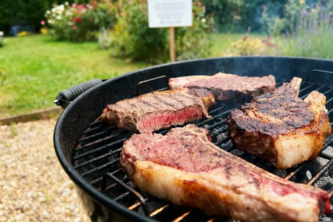 Barbecue avec steaks grillés dans un jardin fleuri par une journée ensoleillée.