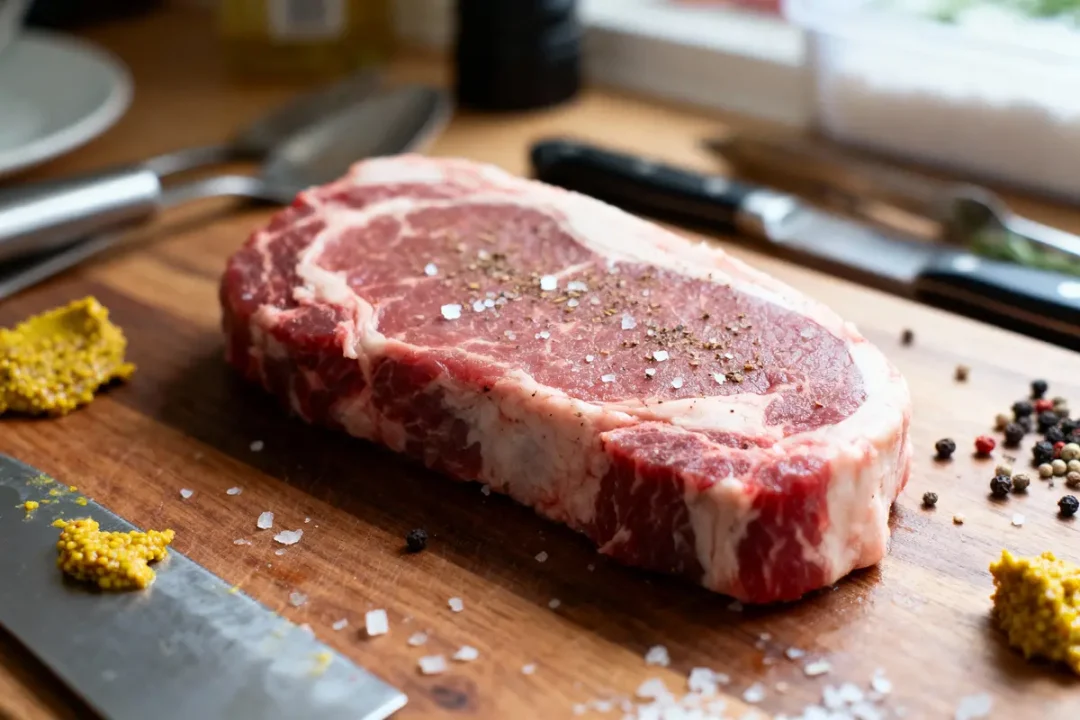 Tranche de viande crue assaisonnée de sel et poivre sur planche à découper, moutarde et couteaux à côté.