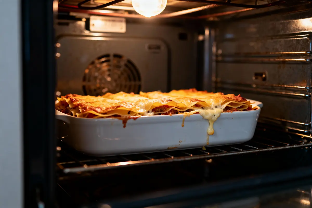 Lasagne au fromage gratine dans un plat blanc, cuisant au four avec lumière allumée.