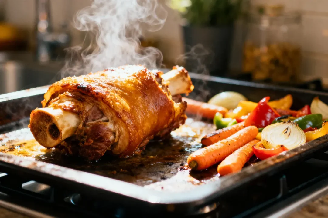 Jarret de porc rôti avec légumes variés sur une plaque de cuisson, dégageant de la vapeur.