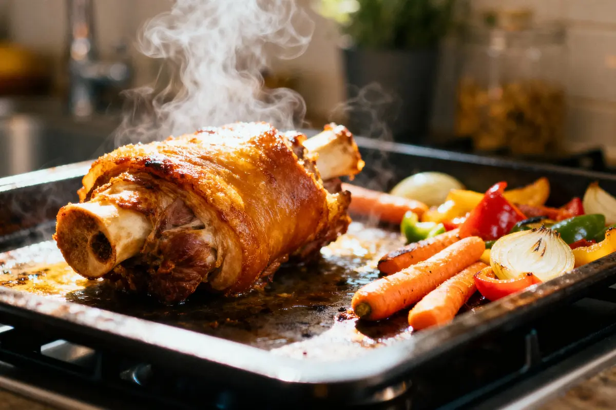 Jarret de porc rôti avec légumes variés sur une plaque de cuisson, dégageant de la vapeur.