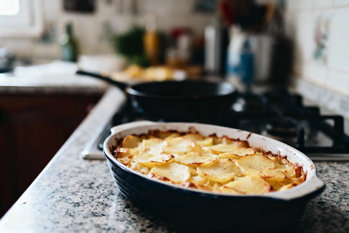 Plat de gratin de pommes de terre doré sur une cuisinière dans une cuisine.