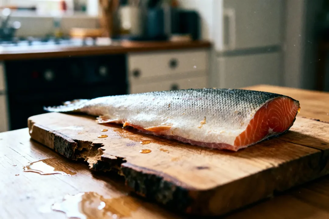 Filet de saumon frais sur une planche en bois dans une cuisine.