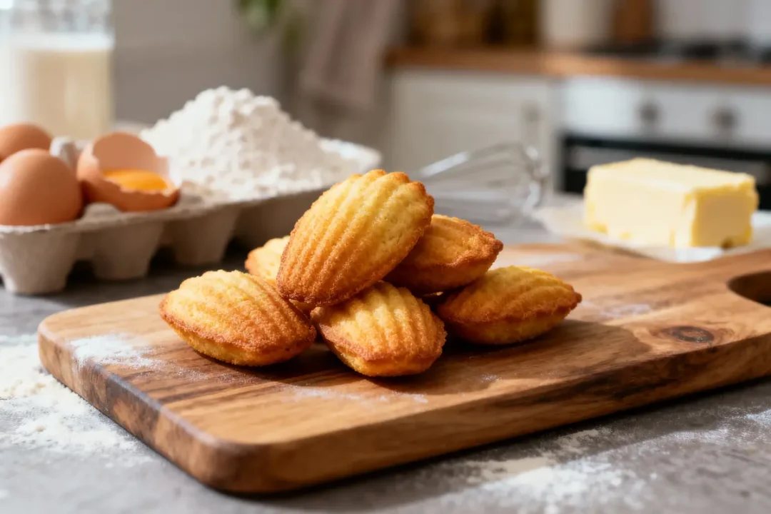Madeleines dorées sur planche de bois, avec œufs, farine, lait, et beurre en arrière-plan. Cuisine.