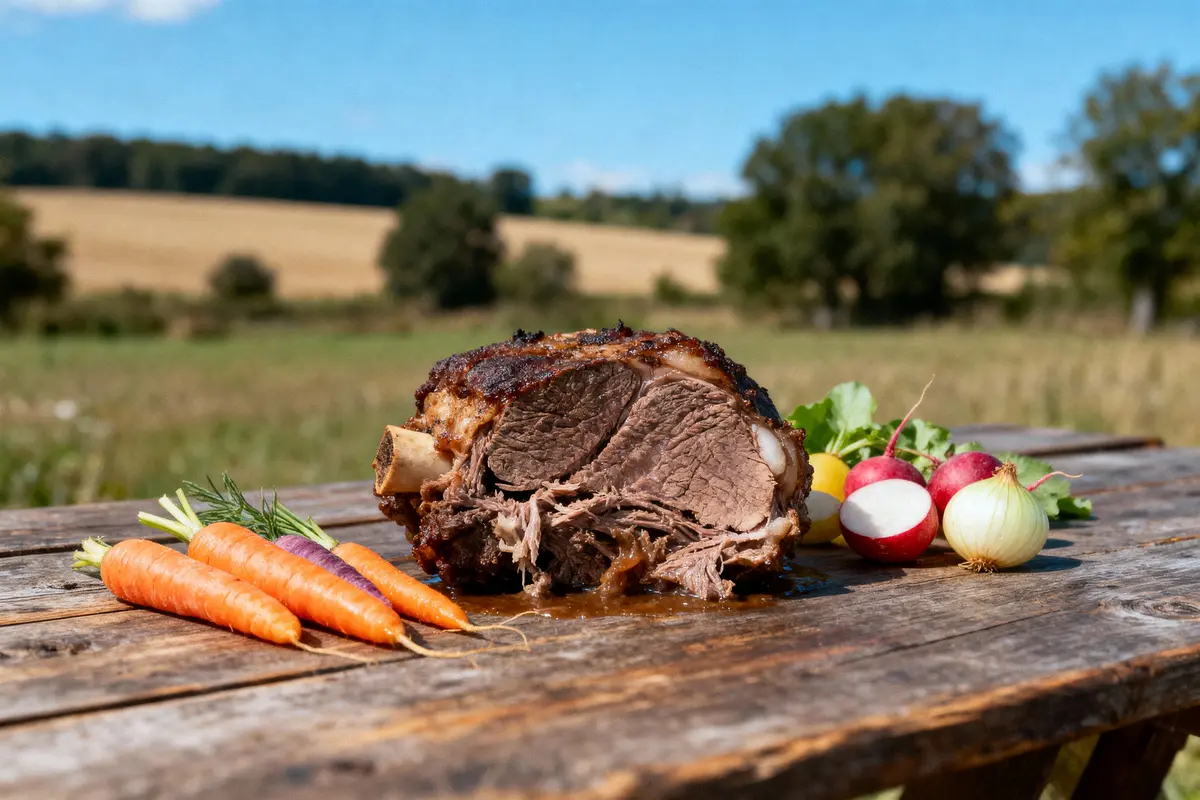Rôti de bœuf, carottes, radis et oignon sur table en bois, champ en arrière-plan.