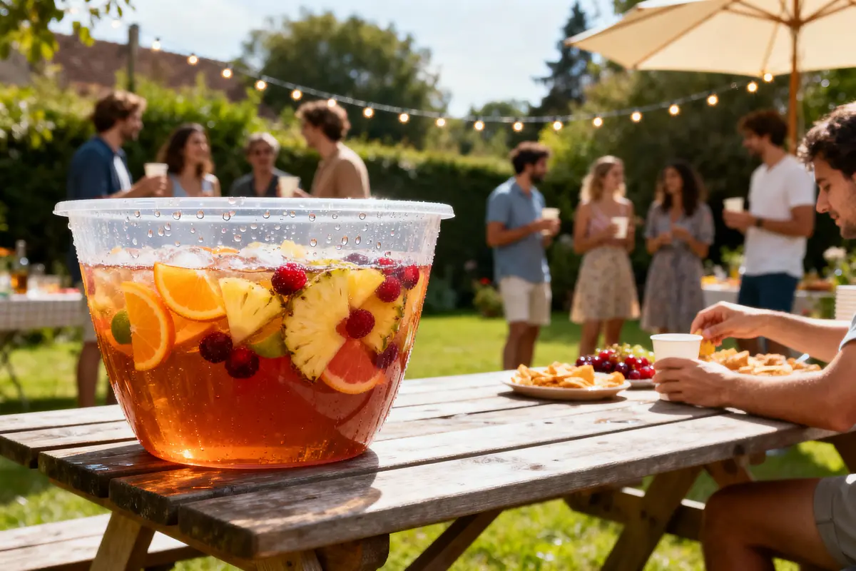 Bol de boisson fruitée sur table de pique-nique, personnes discutant en arrière-plan dans un jardin.