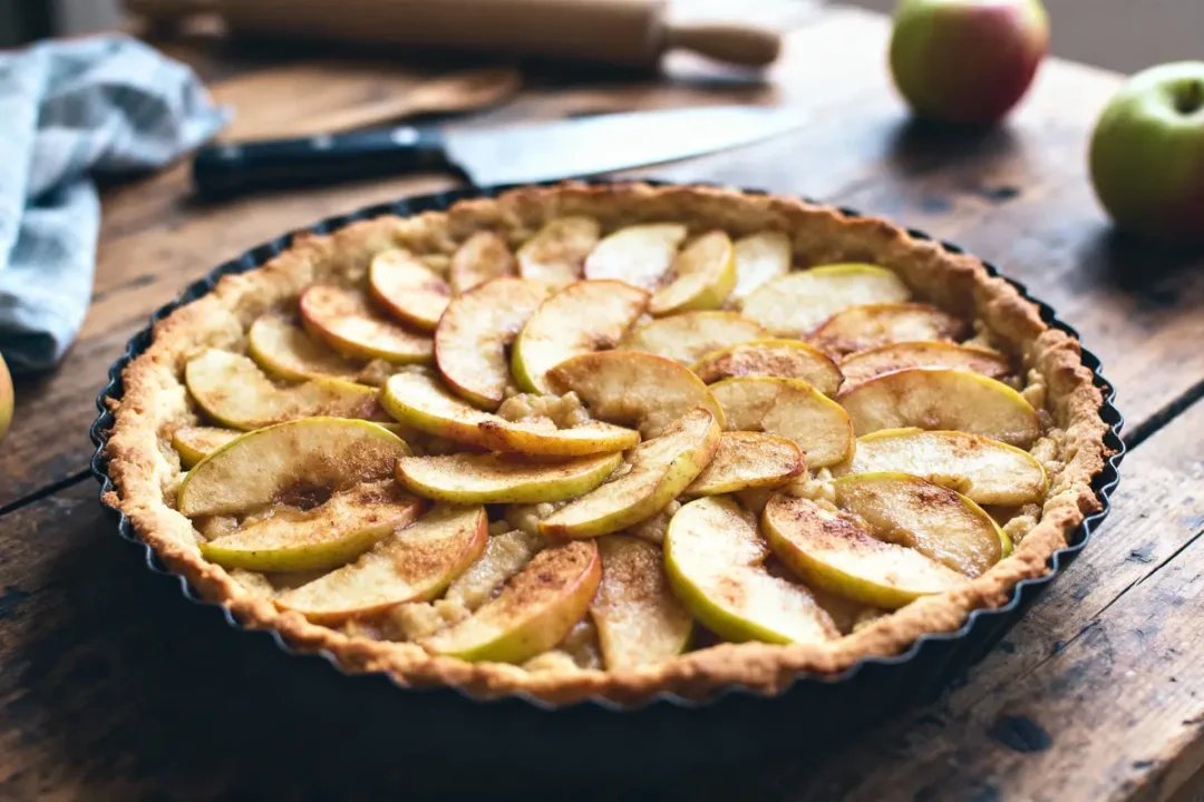 Tarte aux pommes maison avec tranches de pommes en spirale, sur table en bois, couteau en arrière-plan.