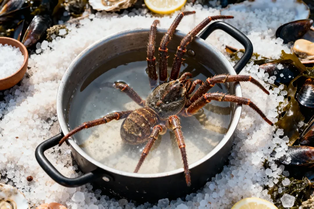 Crabe vivant dans une casserole d'eau entourée de sel, moules, algues et rondelles de citron.