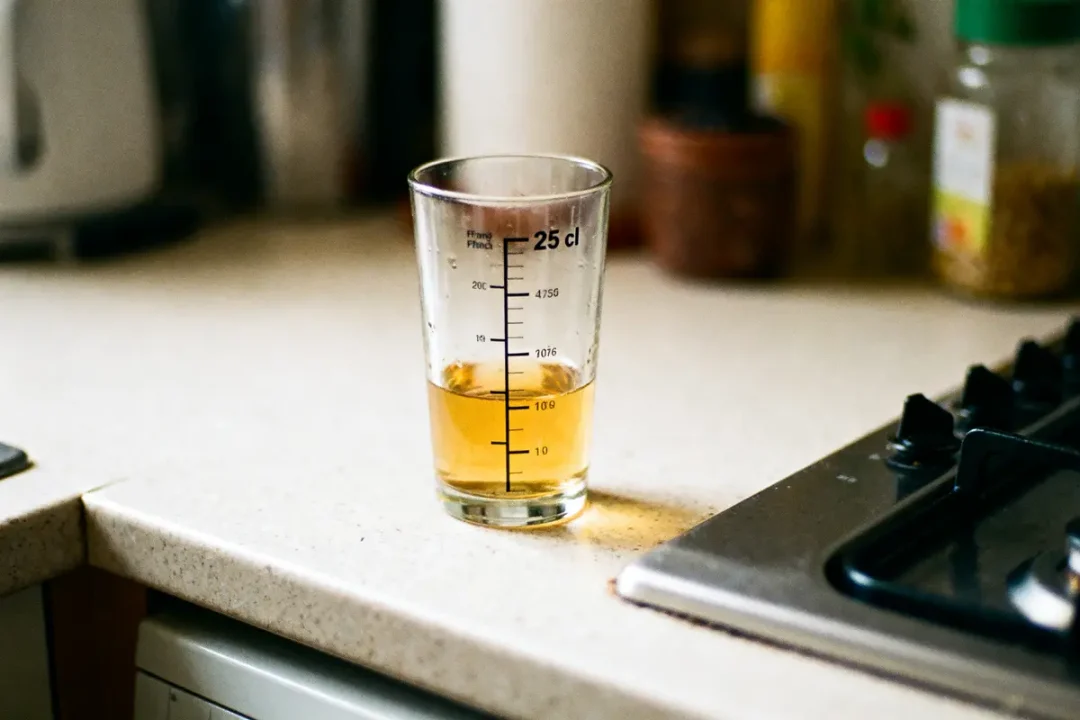 Verre gradué avec liquide ambré sur un plan de travail de cuisine, près d'une cuisinière.